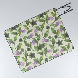 Seamless pattern with belladonna flowers. A bush with small pale flowers, leaves and berries. Old-fashioned floral background. Vintage illustration. Picnic Blanket