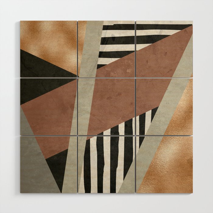 Abstract Geometric Composition In Copper Brown Black Wood Wall