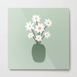 Daisies in Vase (sage green) Metal Print | Minimalist, Modern, Handmade, Daisy, Flat, White, Common, Bruisewort, Flower, Vase 
