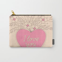 pink heart with flowers Carry-All Pouch | Valentive, Romantic, Doodle, Folk, Vintage, Iloveyou, Flower, Concept, Digital, Handdrawn 