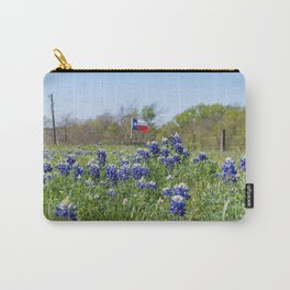 Bluebonnet flowers blooming by road with Texas flag in background Carry-All Pouch | Field, Nature, Roadside, Photo, Garden, Flowers, Blooming, Wildflowers, Texas, Bluebonnet 