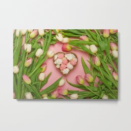 Tender tulips and a heart-shaped basket with meringues inside. Pink background Metal Print | Sweets, Photo, Pink, Garden, Marshmallows, Srilllife, Female, Merengue, Tender, Botanic 