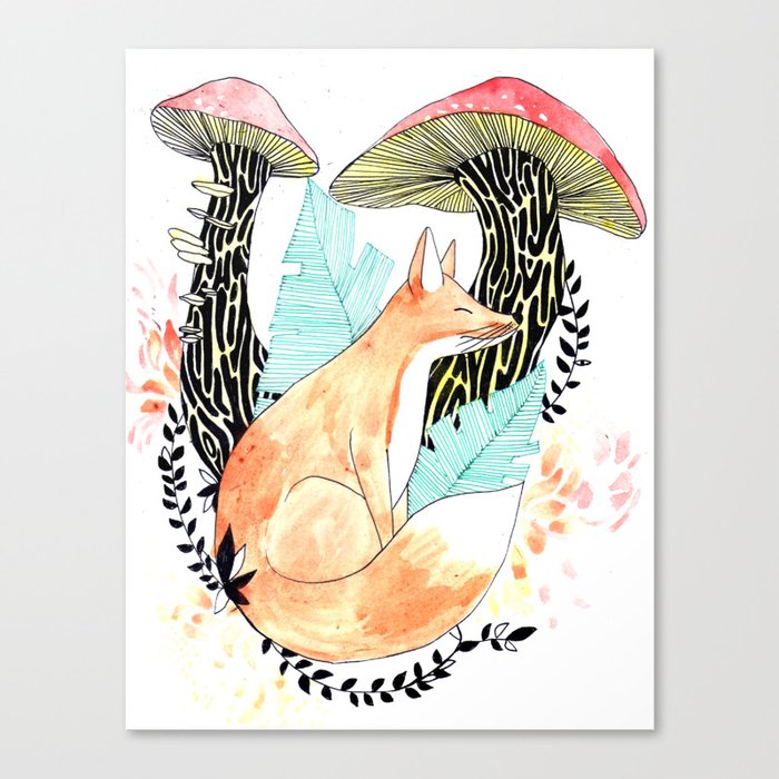 Illustration * The mushroom fox * forest, animal, nature, hippie, colors,  nature, watercolors Canvas Print by Elodie Amandine Bourdeau | Society6