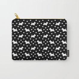 Cute White Scottish Terriers (Scottie Dogs) & Hearts on Black Background Carry-All Pouch