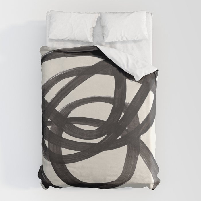 Mid Century Modern Minimalist Abstract Art Brush Strokes Black & White Ink Art Spiral Circles Bettbezug