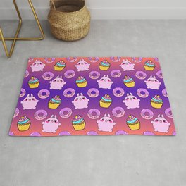 Cute funny Kawaii chibi little pink baby bunnies, happy sweet donuts and adorable colorful yummy cupcakes sunny orange purple seamless pattern design. Rug