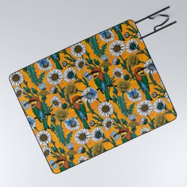 Bee-eaters, blue butterflies and daisies on orange Picnic Blanket