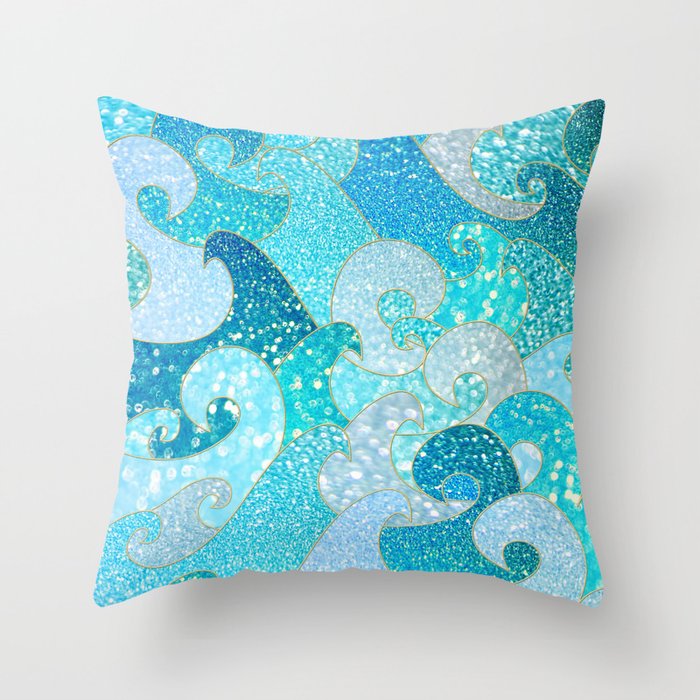 Mermaid Waves And Sea Faux Glitter Throw Pillow