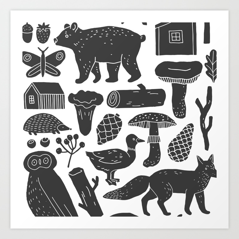 Abstract Hand Painted Black Gray Forest Animals Illustration Art