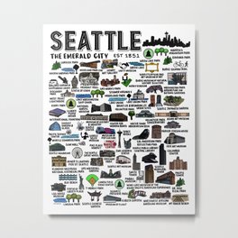 Seattle Map  Metal Print | Seattlehome, Pacificnorthwest, Pugetsound, Seattleskyline, Pattern, Salishsea, Washington, Drawing, Spaceneedle, Typography 