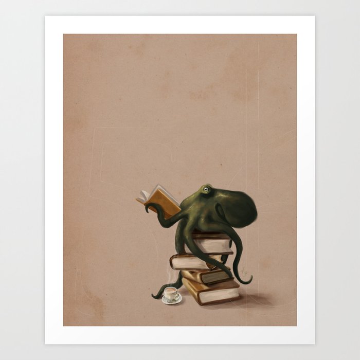 Well-Read Octopus Kunstdrucke | Gemälde, Digital, Realism, Animals, Illustration, Humor