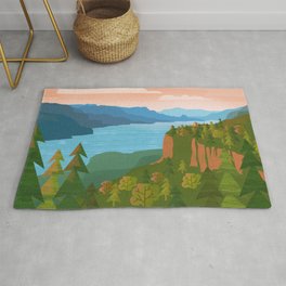 Columbia River Gorge Rug | Green, Travel, Blue, Mountains, Landscape, Pacificnorthwest, Nature, Trees, Digital, Painting 