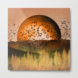 Orange Aspen Autumn Landscape Metal Print | Forest, Mountains, Rustic, Neutral, Painting, Nature, Trees, Moon, Birds, Fall 