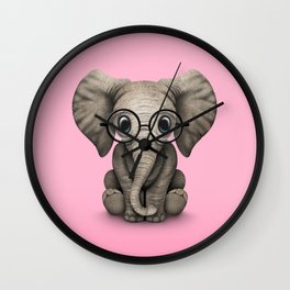 Cute Baby Elephant Calf with Reading Glasses on Pink Wall Clock | Elephant, Elephantwearingglasses, Nerdyelephant, Nerdyelephantcub, Elephantcubwearingglasses, Hipsterelephant, Graphicdesign, Hipster, Nerdy, Cuteelephant 