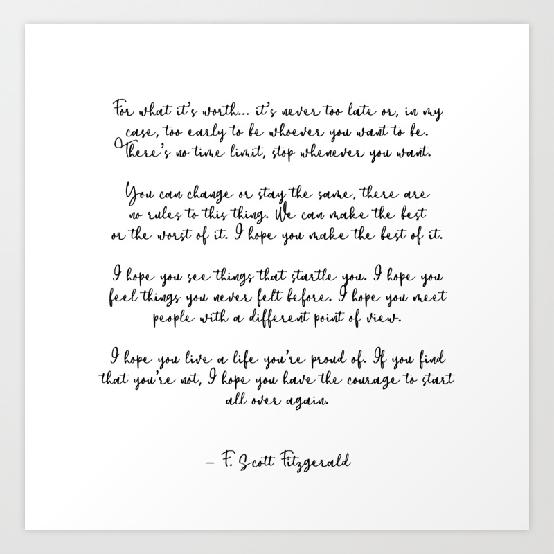 For What It S Worth Scott Fitzgerald Quote Art Print By Mambo Fy