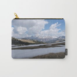 Selva di Val Gardena, Bolzano, Italy. Snow-covered mountain in the Dolomites; sunny spring day. Passo Sella Carry-All Pouch | Brown, Alps, Alpine, Wood, White, Peak, Dolomites, Ice, Snow, Rock 