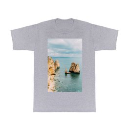 Rocks, Cliffs And Ocean Landscape At Lagos Bay Coast, Algarve Portugal, Wall Art, Landscape Art T Shirt | Water, Rocks, Color, Seascape, Beach, Turquoise, Landscape, Rock, Cliff, Bay 