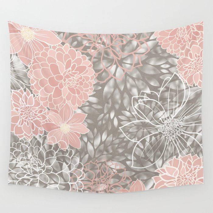 Floral Pattern Dahlias, Blush Pink, Gray, White Wall Tapestry by
