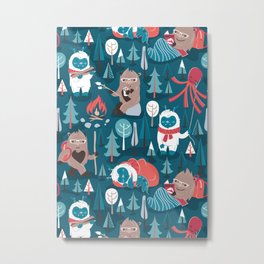 Besties // blue background white Yeti brown Bigfoot blue pine trees red and coral details Metal Print | Monsters, Graphicdesign, Cryptozoology, Bigfoot, Selmacardoso, Creatures, Digital, Forest, Pattern, Big Foot 