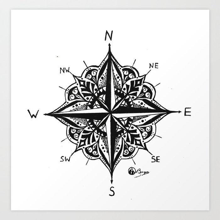 Mandala Compass Rose Original Directional Compass Art Art Print