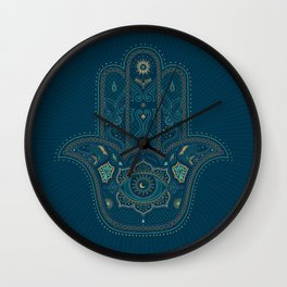 Hamsa Hand in Blue and Gold Wall Clock | Teal, Stars, Muslim, Cerulean, Moon, Eye, Mustard, Digital, Gold, Hamsahand 