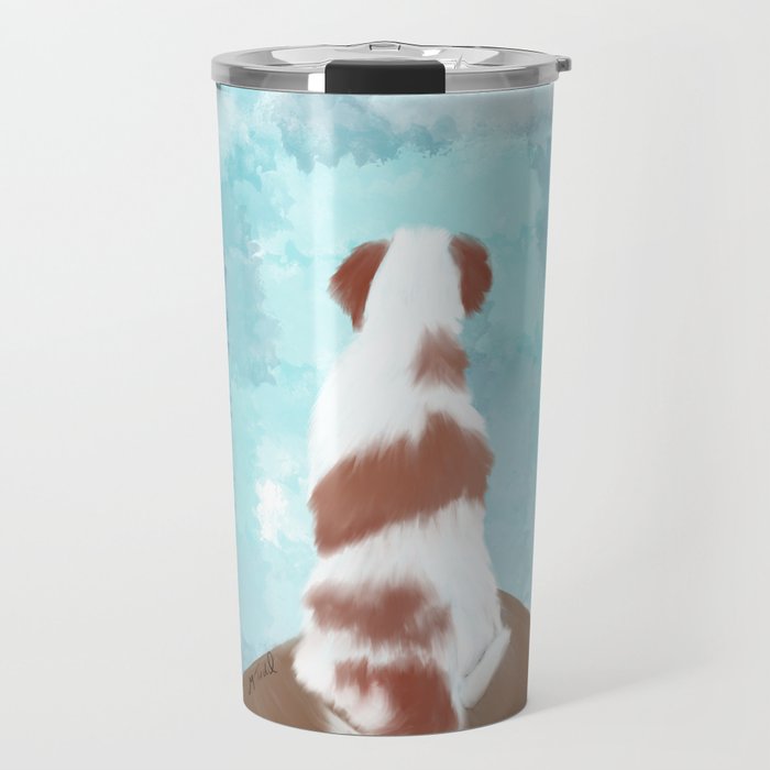 Deschutes The Brittany Spaniel Travel Mug | Drawing, Digital, Brittany-spaniel, Brittany, Spaniel, White-and-red, Sitting-on-deck, At-the-lake, Dog, Cute