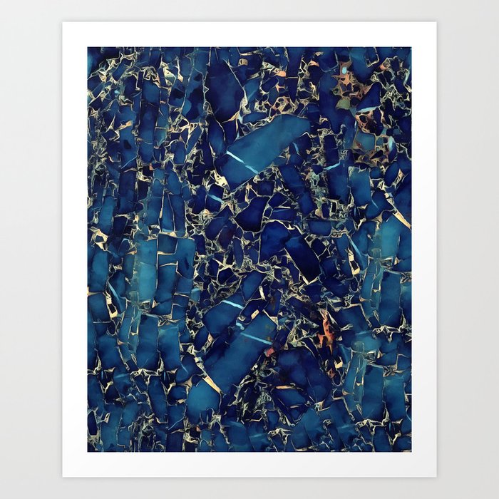 Dark Blue Stone Marble Abstract Texture With Gold Streaks Art