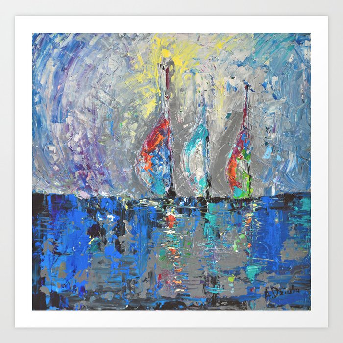 Three Sailboats Abstract Acrylic Painting Sea Landscape Blue