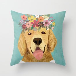 Golden Retriever Dog with Floral Crown Art Print – Funny Decoration Gift – Cute Room Decor – Poster Throw Pillow