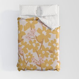 Wildflowers in Turmeric Duvet Cover | Flowers, Botanical, Pink, Floral, Graphicdesign, Pattern, Digital, Yellow, Gold, Spring 