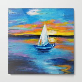 Sailing Away Metal Print | Modern, Sailing, Lake, Boats, Painting, Bluesky, Seascape, River, Sunrise, Sailboat 