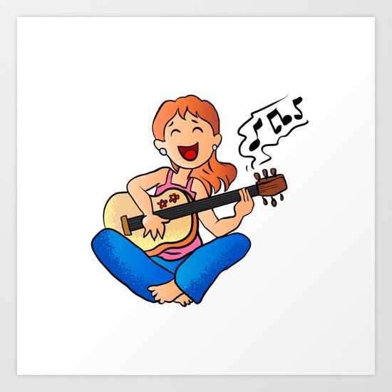 girl playing guitar cartoon Art Print by mario's | Society6