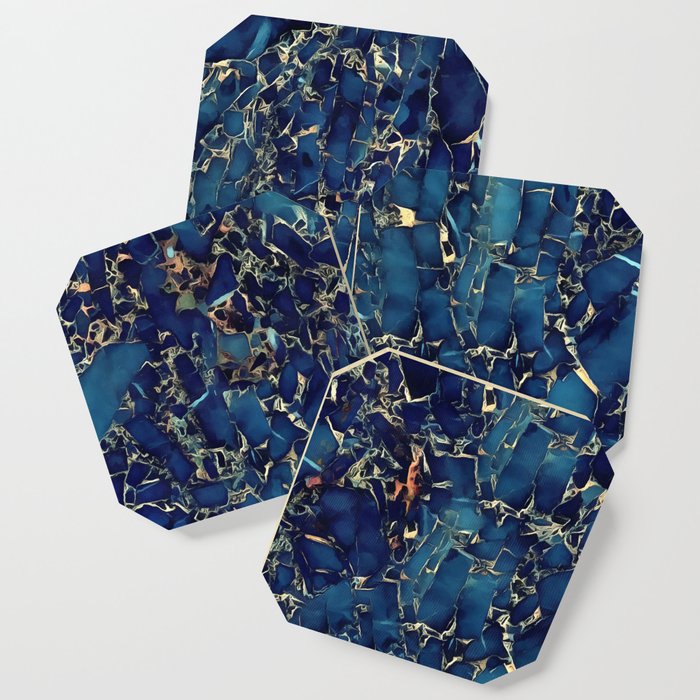 Dark Blue Stone Marble Abstract Texture With Gold Streaks Coaster