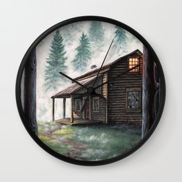 Cabin in the Pines Wall Clock | Glowing, Cabin, Illustration, Trees, Forest, Light, Realism, Orange, Painting, Nature 