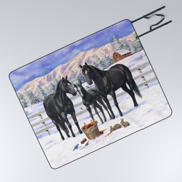 Beautiful Black Quarter Horses In Snow Picnic Blanket