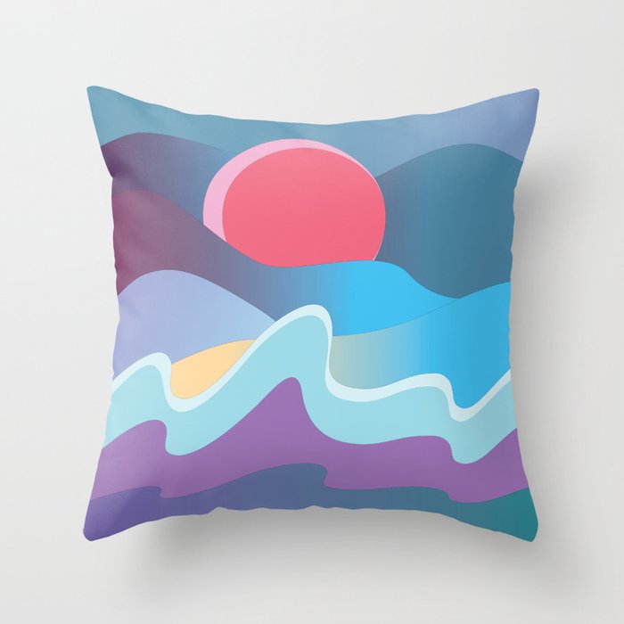 Waves, Red sun Throw Pillow