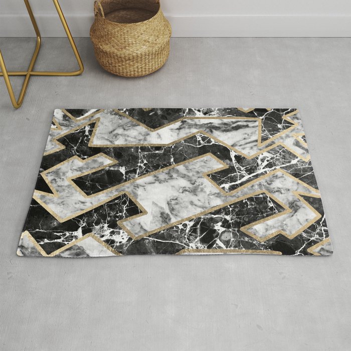 Abstract Modern Faux Gold Black White Marble Rug By Pink Water