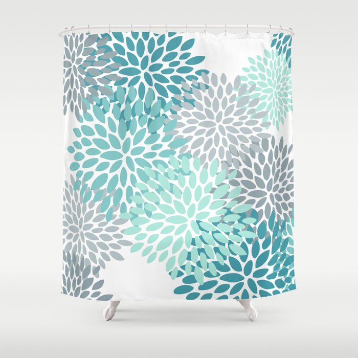 Floral Pattern, Aqua, Teal, Turquoise and Gray Shower Curtain by