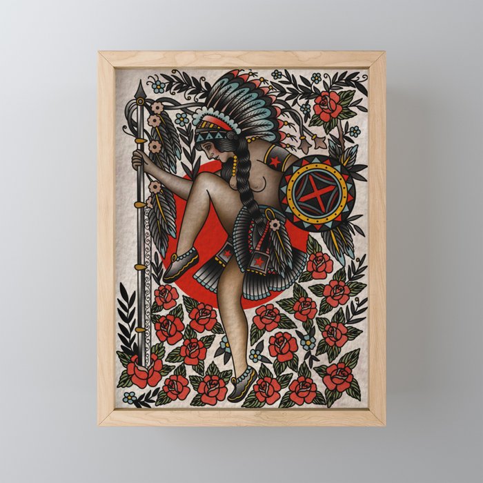 Native American tattoo flash Framed Mini Art Print by Kewpie Moon | Society6