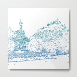 Princes Street Gardens Metal Print | Aqua, Drawing, Digital, Garden, Edinburgh, Blue, Fountain, Castle, Teal 