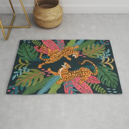 Jungle Cats - Roaring Tigers Rug | Painting, Curated, Exotic, Wild, Palm, Plants, Tiger, Animal, Tropical, Leaves 