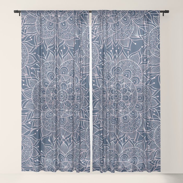 Modern Navy Blue Blush Pink Watercolor Floral Mandala Sheer Curtain By Pink Water Society6