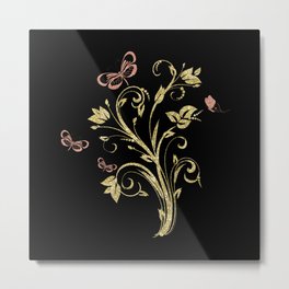 Golden Floral Design On Black Background Metal Print | Flower, Golden, Design, Bright, Pink, Dark, Graphicdesign, Decent, Shiny, Emboss 