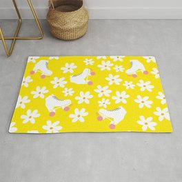White Roller Skates And Daisies Yellow Pattern I Rug | Quads, Painting, Roller Skate, Disco, Boho, Modern, Abstract, Floral, Sun, Retro Daisies 