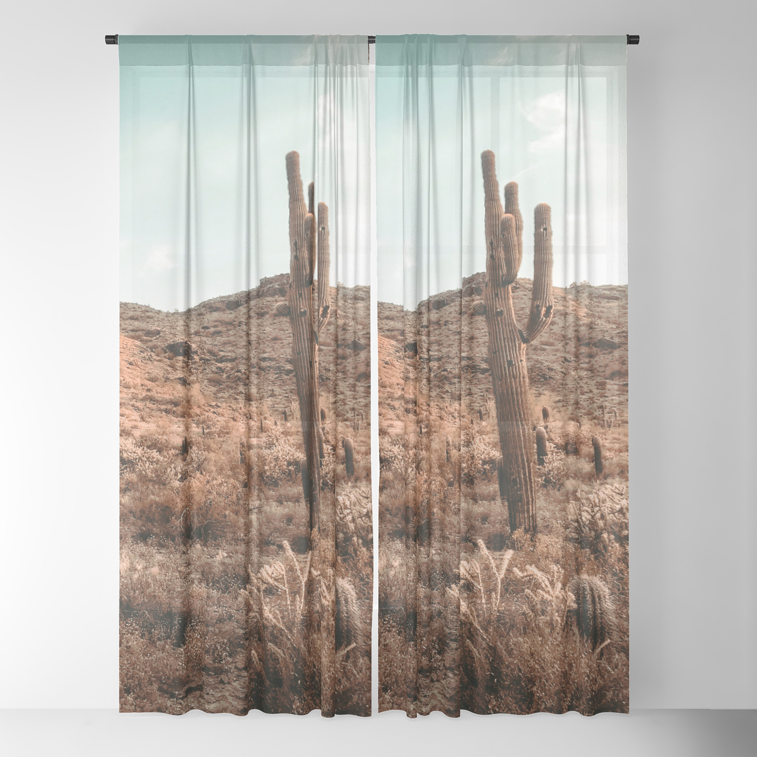 saguaro mountain vintage desert landscape cactus photography teal blue sky southwestern style sheer curtain by palmtreeprints