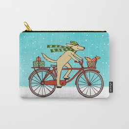 Cyling Dog with Squirrel Cute Winter Holiday Carry-All Pouch | Whimsical, Bicyclechristmas, Funnydogholiday, Funnydogchristmas, Animalswinter, Dogandsquirrel, Cuteanimalsholiday, Dogridingbike, Redbicyle, Animallover 