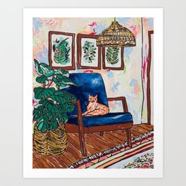 Ginger Cat on Blue Mid Century Chair Painting Kunstdrucke | Curated, Botanical, Basket, Ginger, Interior, Kitten, Painterly, Jungle, Midcentury, Tabby 