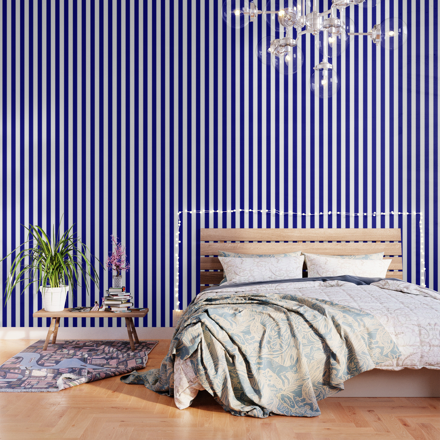 Navy Blue and White Beach Hut Stripe Wallpaper by PodArtist | Society6