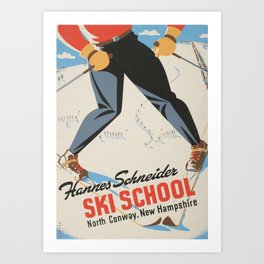 Hannes Schneider Ski School, North Conway, New Hampshire - Vintage Travel Ski Poster Art Print