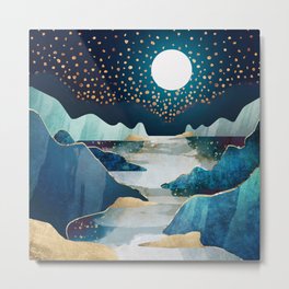 Moon Glow Metal Print | Stellar, Gold, Inidigo, Night, Contemporary, Ocean, Sea, Nature, Graphicdesign, Mountains 